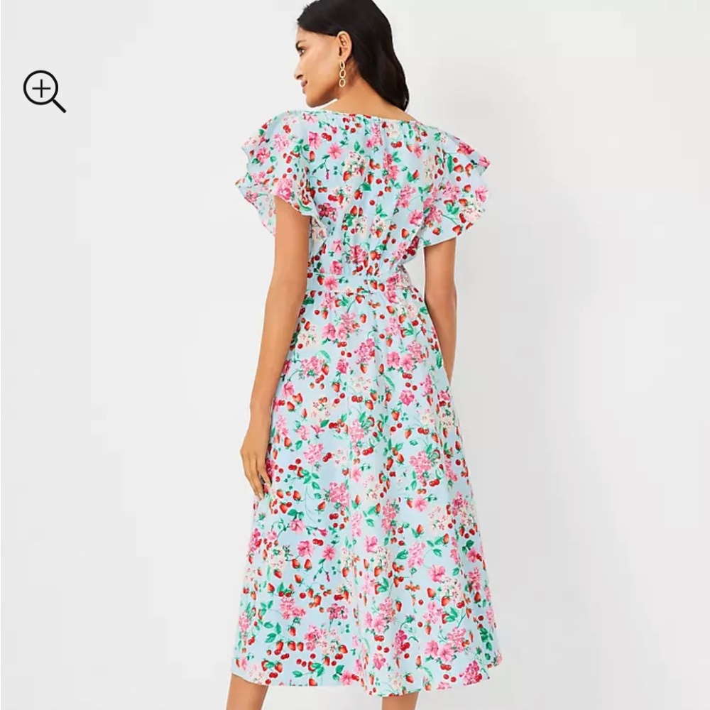 PETITE  Floral strawberry flutter sleeve flare dress